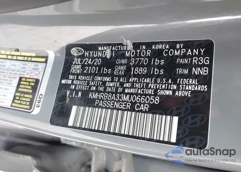 2021 Hyundai Venue Se из США, поврежденный, VIN KMHRB8A33MU066058